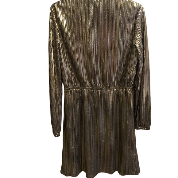 Maggy London Womens Metallic Gold Pleated Long Sleeve V Neck Dress Sz 12 Holiday - Picture 8 of 12